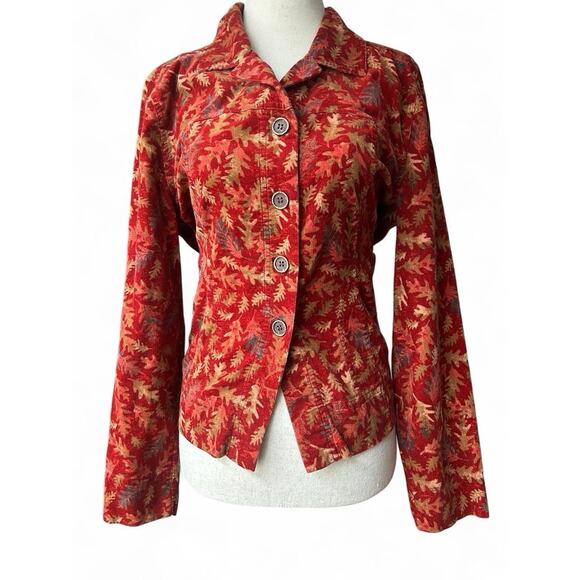 Y2K Christopher Banks Fall Leaf Pattern Corduroy Blazer Jacket Sz S Cottage Boho - Picture 1 of 8